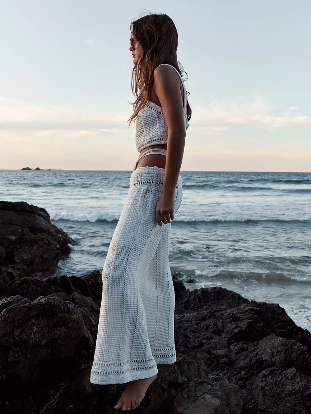 Free People FP Beach Stanza Fauxchet Crochet Wide Leg Pants White Mediun